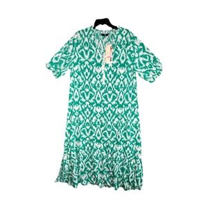 Dokotoo Green White Boho Shift Dress Tassel Tie Short Sleeve NWT